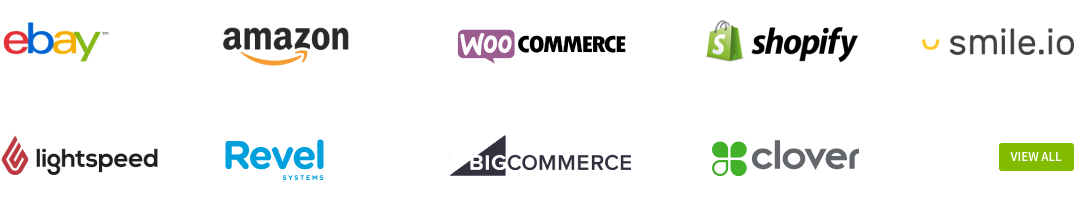 Connect Shopify, WooCommerce, BigCommerce, Magento, LightSpeed Retail, Revel iPad POS, Clover POS, Square, Acumatica, Amazon, eBay, X-cart!